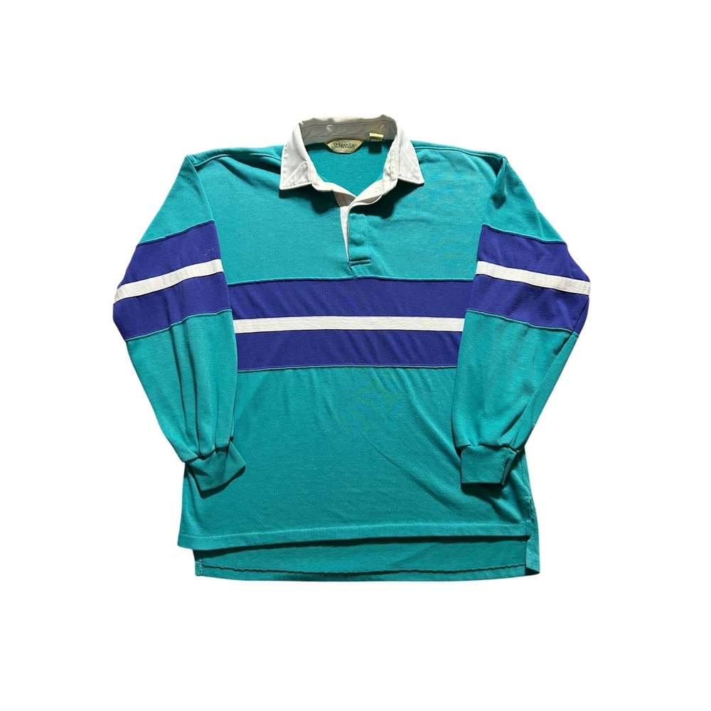 VTG St. Johns Bay Rugby Shirt Mens M Teal Purple Stripe Vintage Long Sleeve Polo
